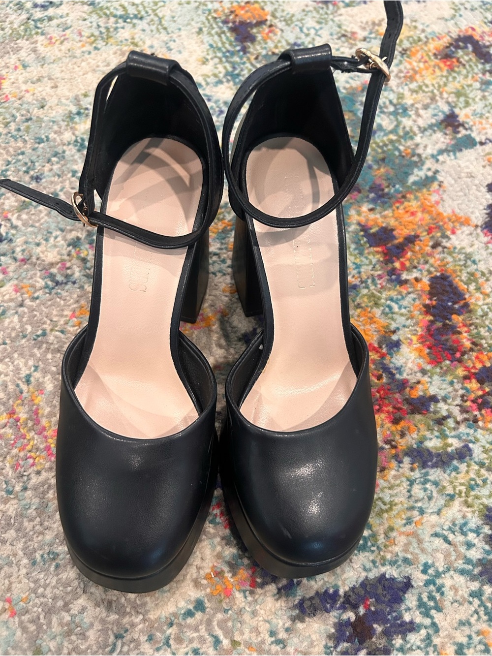 Women's Black Ankle-Strap Block Heel Pumps